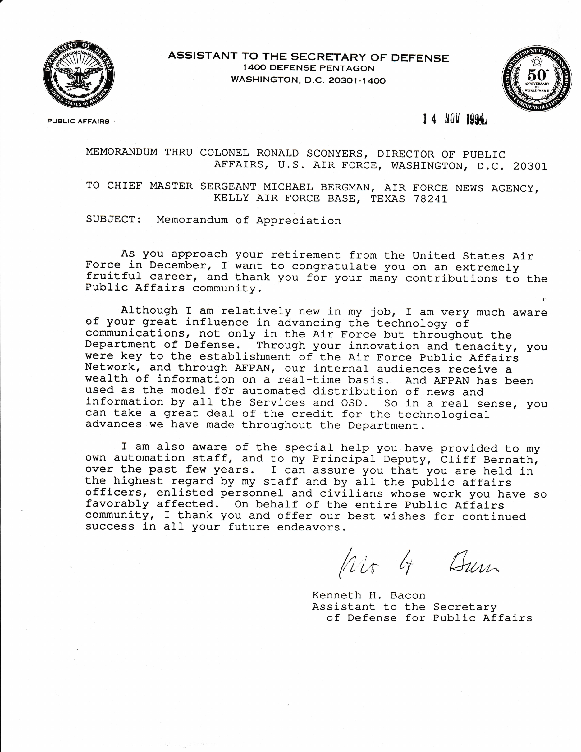 Complete November 14, 1994 memorandum of appreciation from Kenneth H. Bacon, Assistant to the Secretary of Defense for Public Affairs