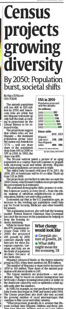 USA Today front-page story headlined Census projects growing diversity