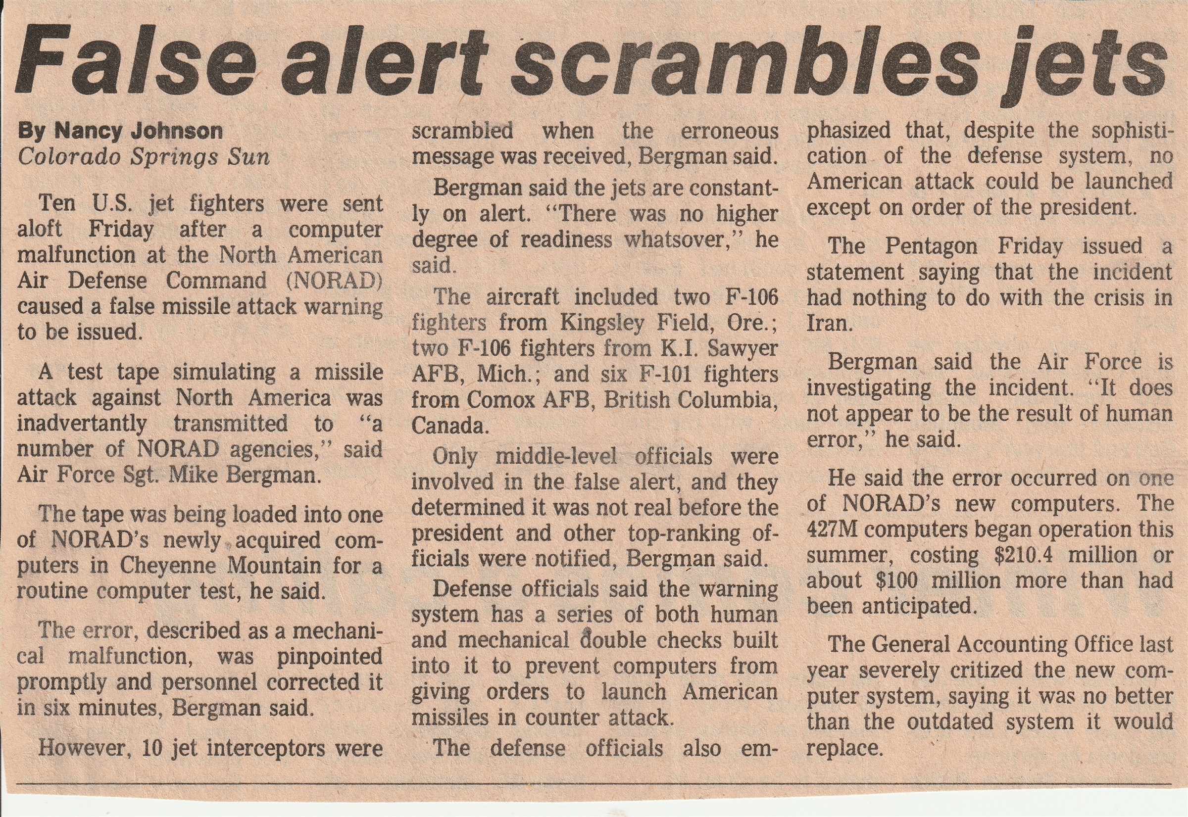 Contemporary newspaper coverage of the NORAD false alert