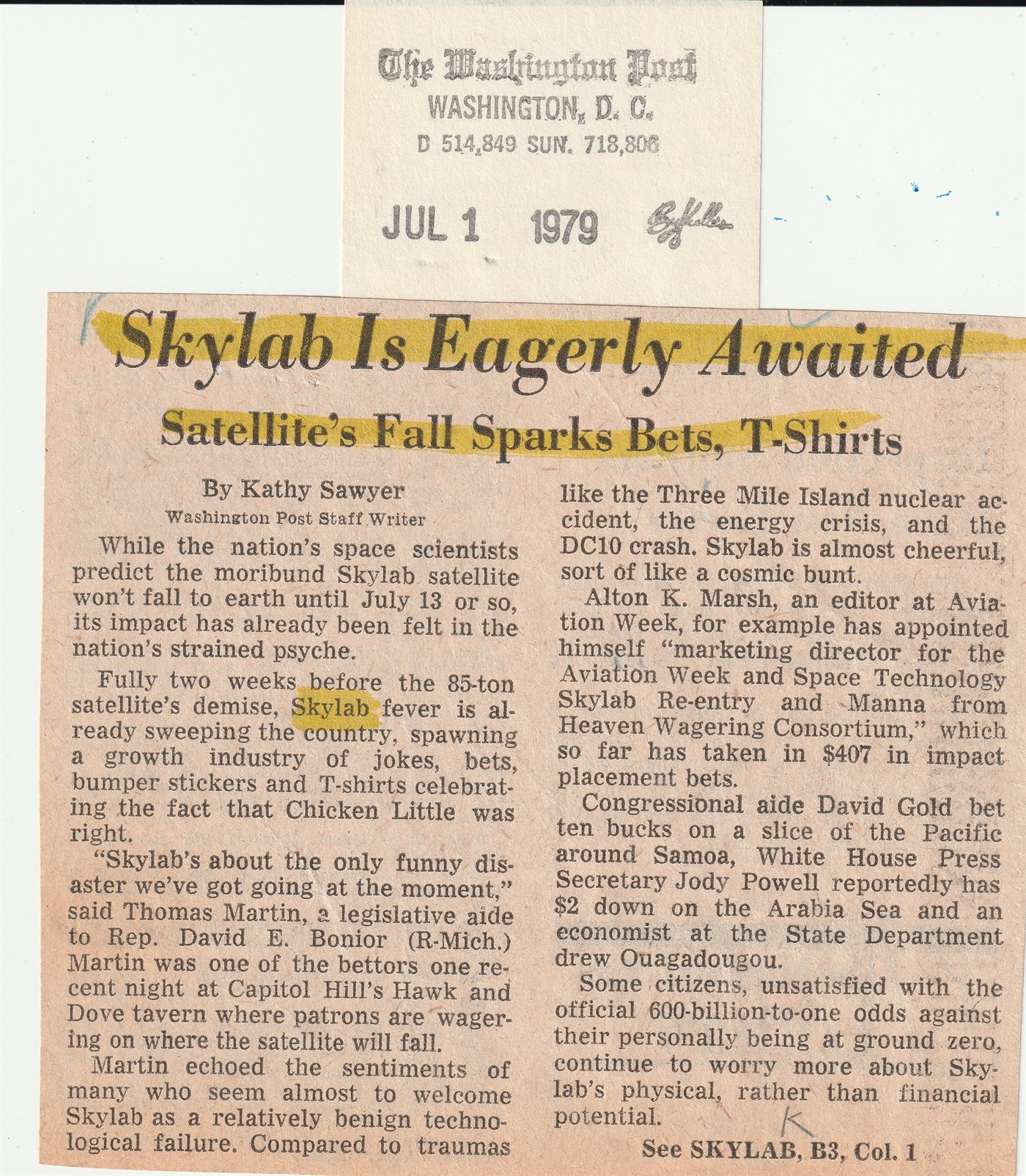 Opening of Kathy Sawyer's Washington Post article about Skylab, dated July 1, 1979