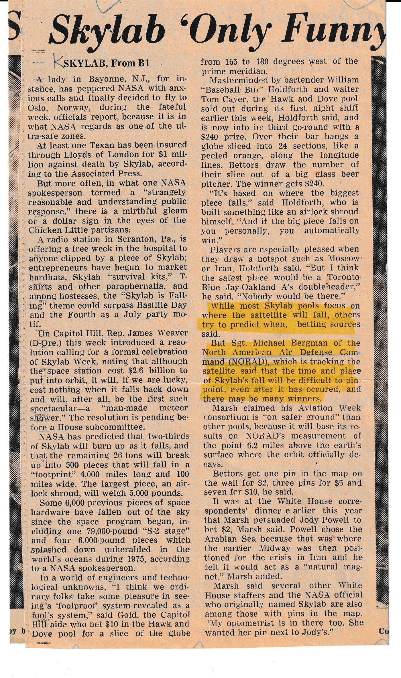 Continuation of the Washington Post Skylab article, including the highlighted quotation from Michael Bergman