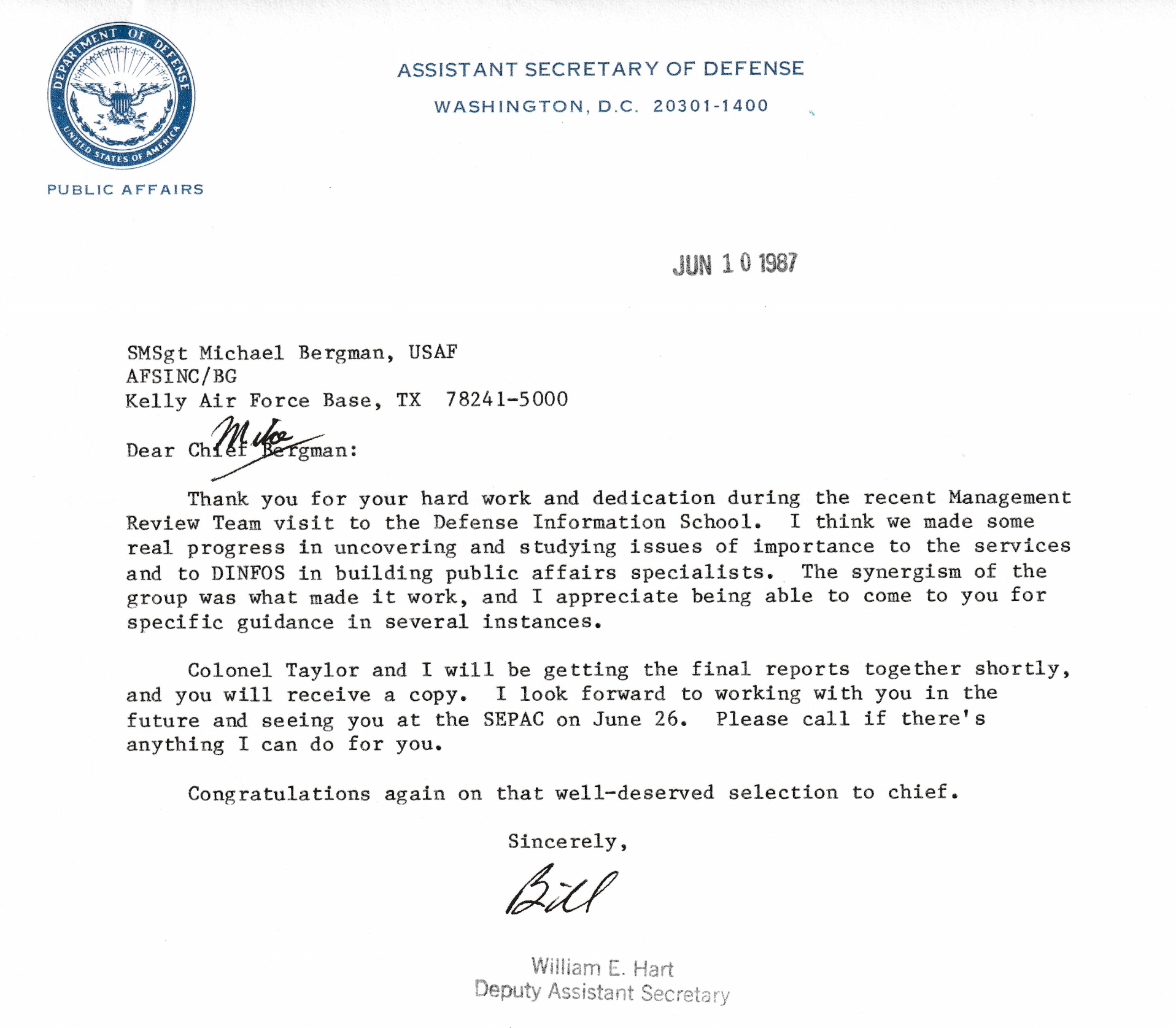 Complete June 10, 1987 letter from William E. Hart thanking Chief Michael Bergman for his work on the Defense Information School management review