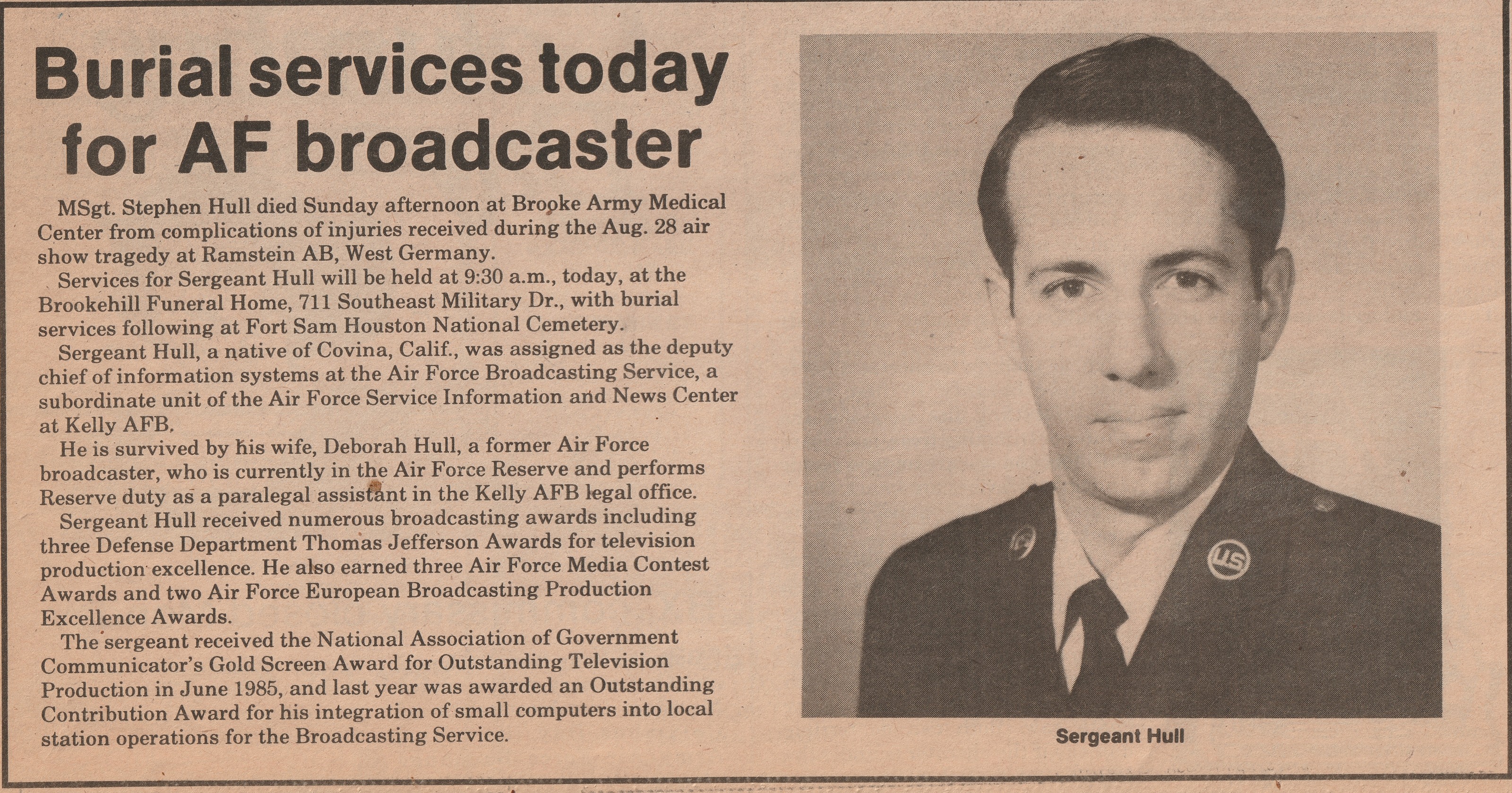 Newspaper clipping announcing burial services for Air Force broadcaster Master Sgt. Stephen Hull, with his portrait